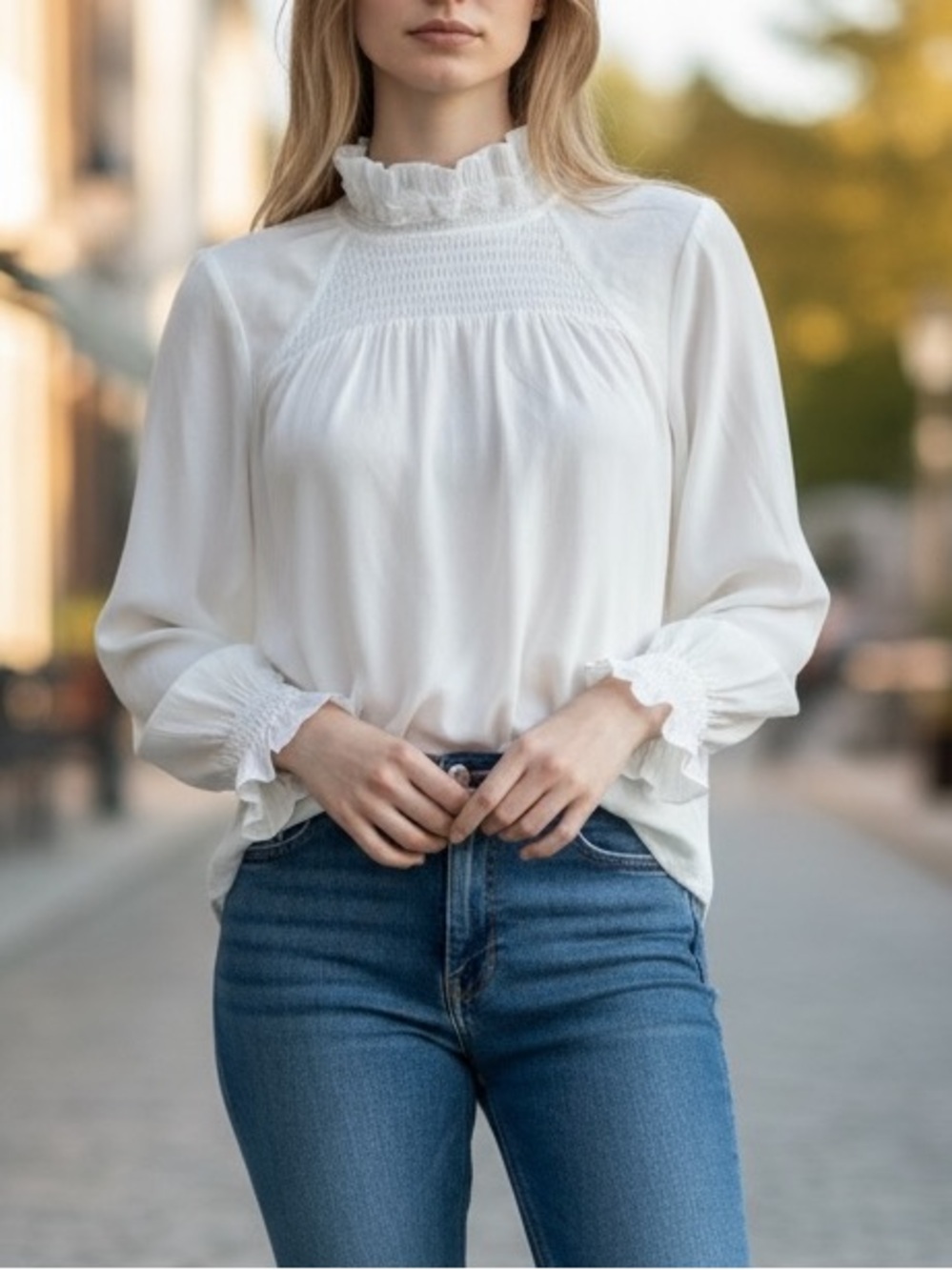 ZARA Ivory White Ruffle Lace Mock Neck Blouse NWT